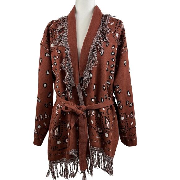 On Twelfth Rust Brown Bandana Print Cardigan XL Fringe Belted Boho Western Wool - Picture 11 of 13